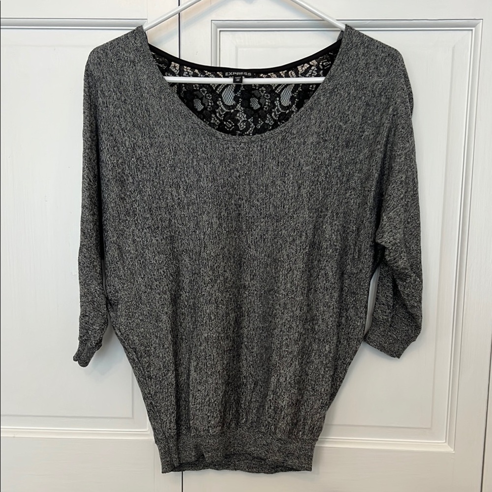 Express Gray Knit Top with Lace Detail